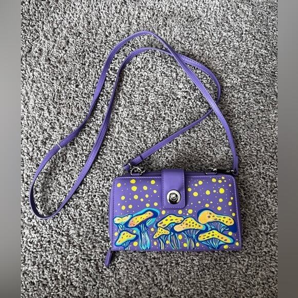 rfid Handbags - Hand painted mushroom purse fairycore mini genuine leather purple and yellow